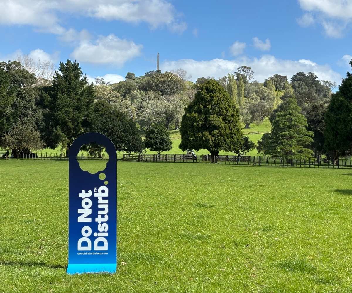 Do Not Disturb giant door hangar in a grassy field with One Tree Hill in the background