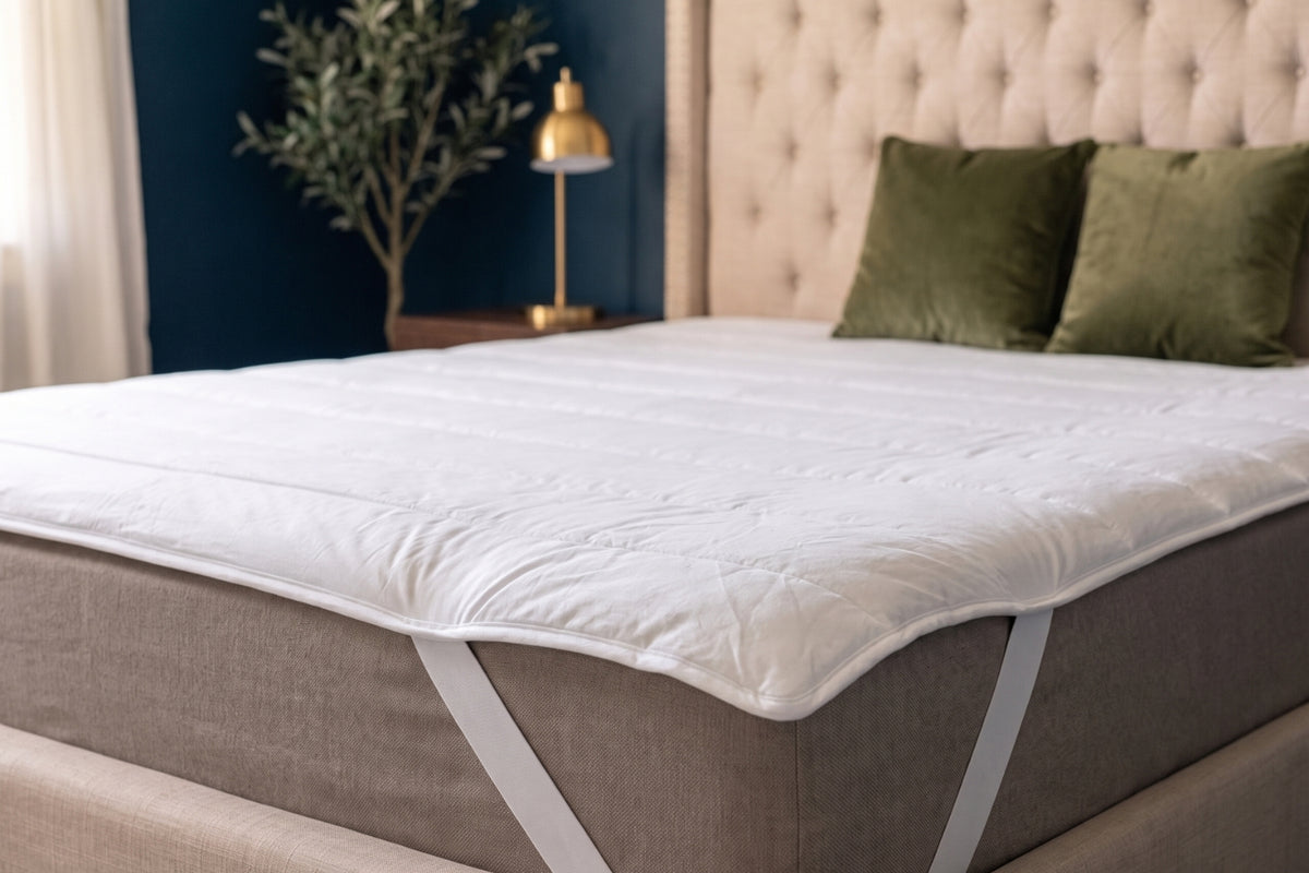 New Zealand Wool Mattress Topper lying flat on a mattress, with its bound edge and elastic corner straps visible, in a bedroom with a tufted headboard