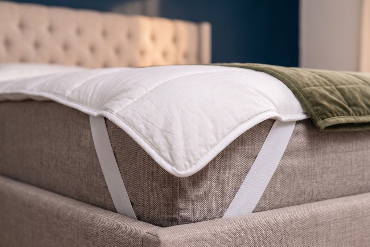 Corner of the New Zealand Wool Mattress Topper, showing the quilted cotton cover, bound edge and wide elastic corner straps