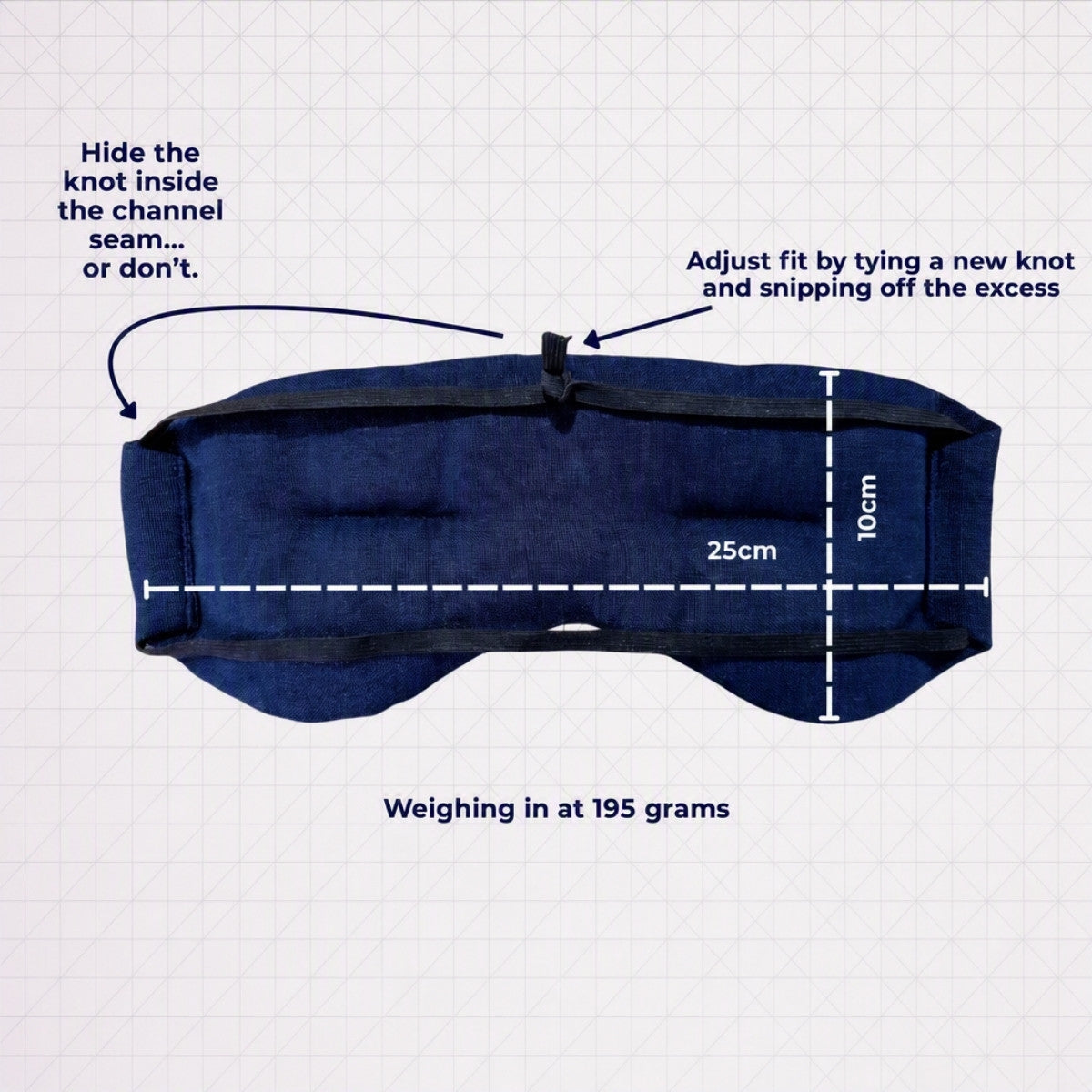 A navy blue fabric pouch or pouch-like accessory shown on a light gray grid background with measurement annotations: a 25 cm width, 10 cm height, and text noting it weighs 195 grams. Arrows and callouts explain how to hide a knot inside a channel seam and how to adjust fit by tying a new knot and snapping off excess.