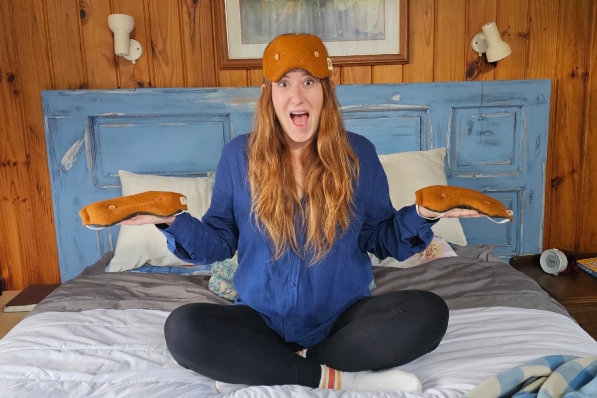 Ethically Kate showing off her Weighted Eye Masks