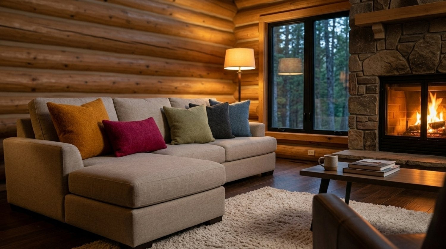 Felted wool cushions on a couch in a cabin setting