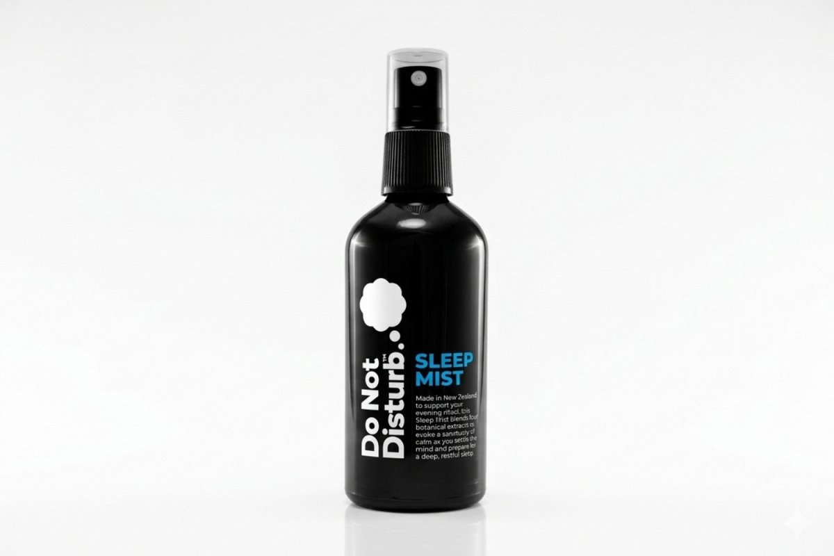 100ml black glass bottle of Do Not Disturb Sleep Mist with lavender, jasmine, chamomile, and cedarwood essential oils.