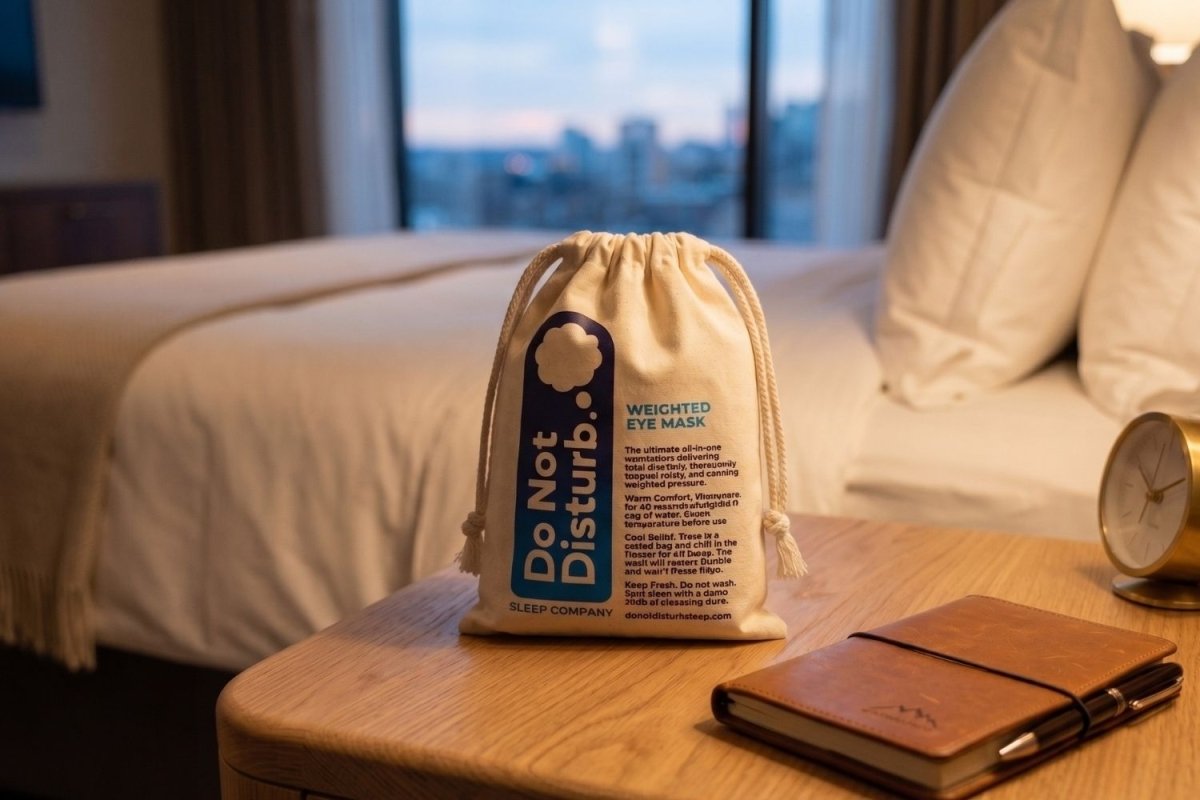 The Do Not Disturb Weighted Eye Mask inside cotton pouch sitting on hotel room bedside table