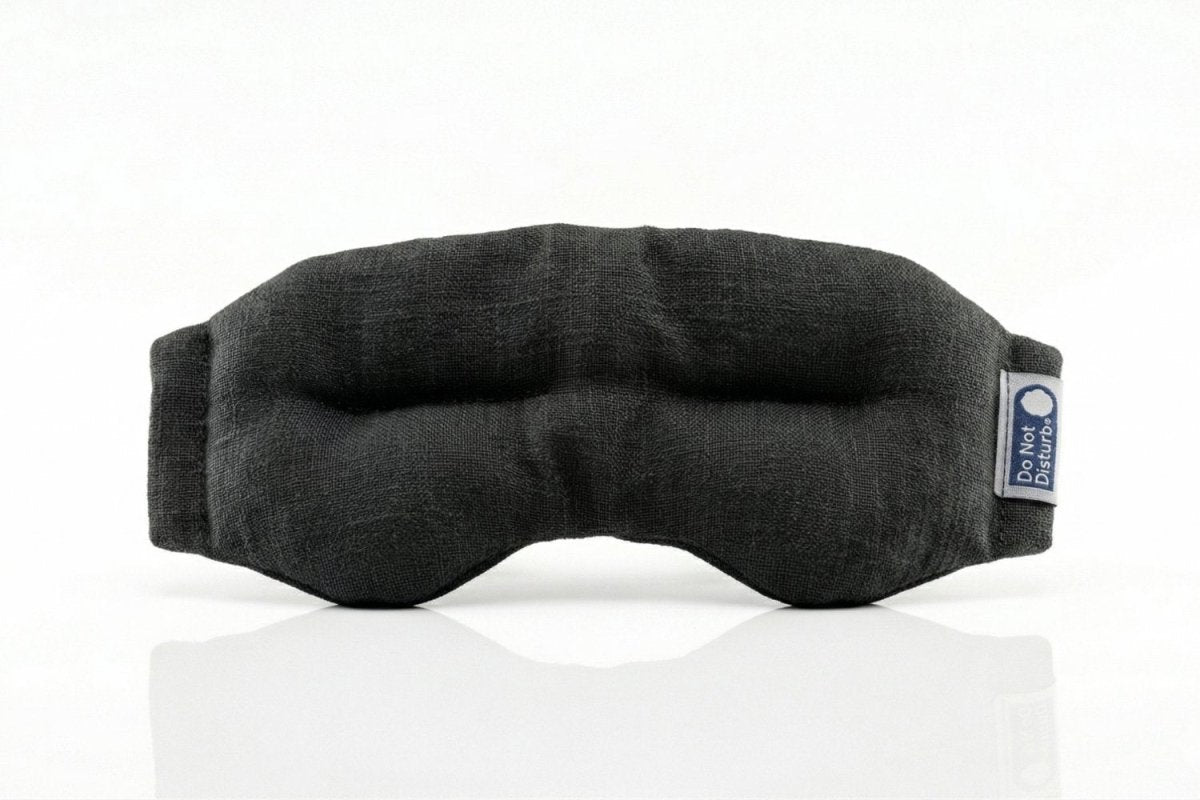 Weighted Eye Mask in Black Shadow linen displaying on a white background