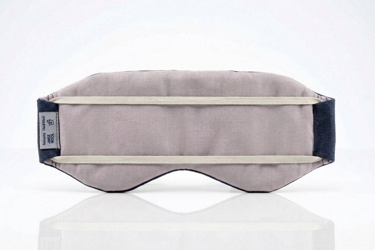Picture showing the back of the Wisewool Sleep Mask and the zero-tension twin-strap elastic